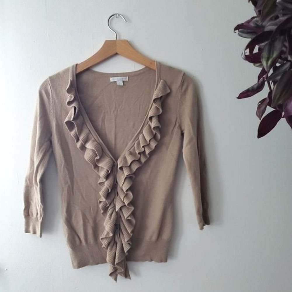 New York & Company Cardigan Neutral Cream Tan XS Ruffle Front 3/4 sleeves